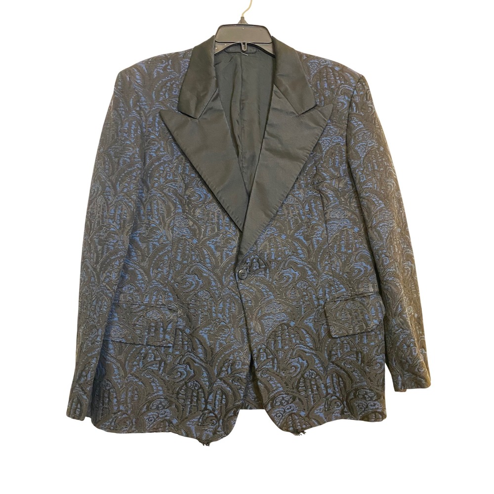 Vintage After Six by Rudofker Blue Black Brocade Paisley Tuxedo Jacket Blazer